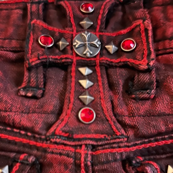 TheSaintsSinphony OOAK Distressed Studded Studded Moto Denim Shorts - Picture 9 of 11